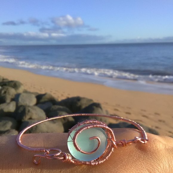 TreebytheSea Jewelry - Copper & Light Blue Sea Glass Bracelet